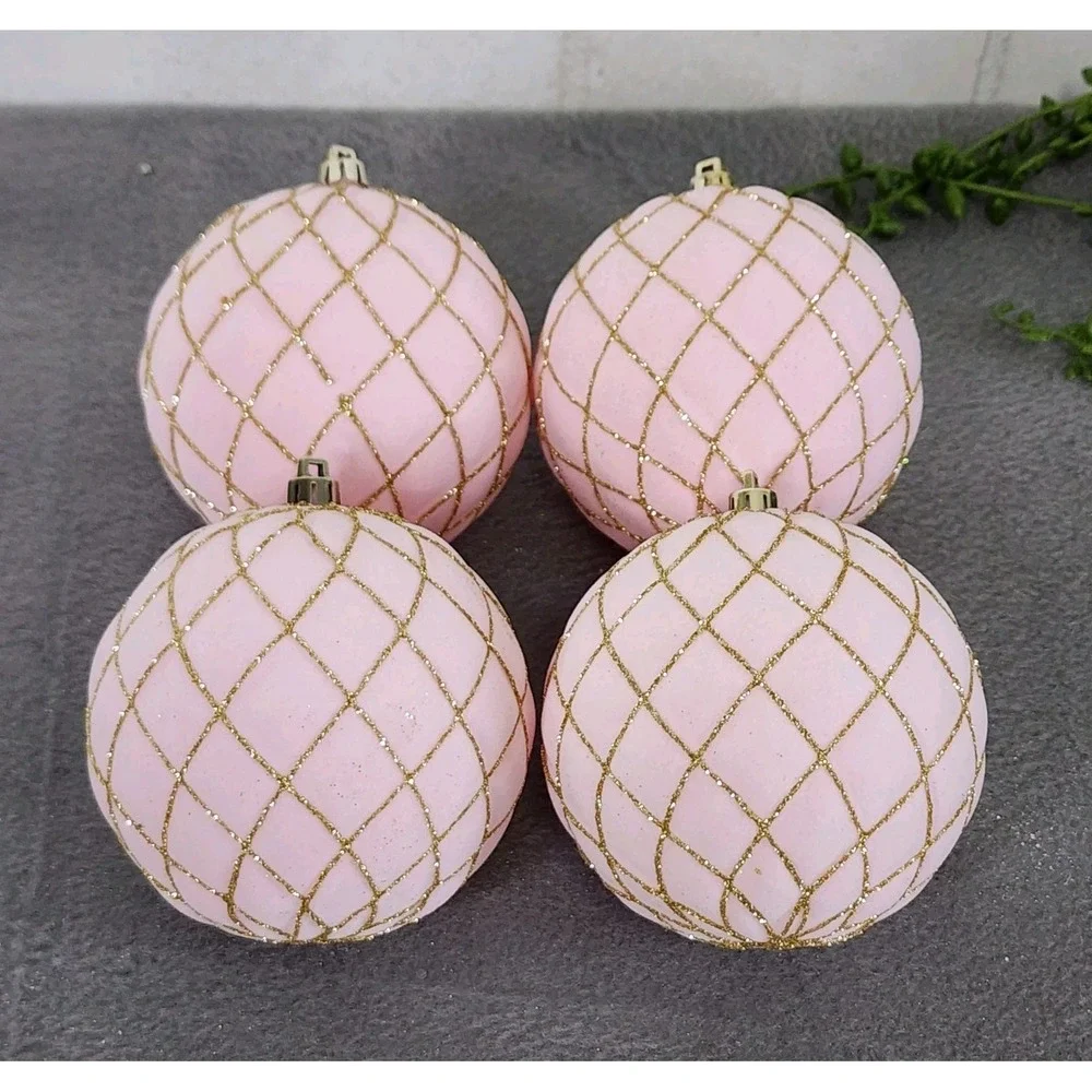 4 Pink Velvet‎ Flocked Christmas Ball Ornaments Gold Glitter Plastic 4